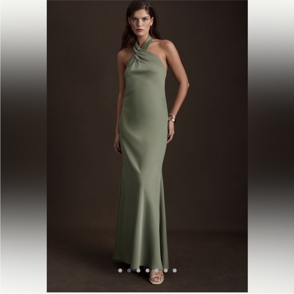 Anthropology BHLDN Ruby twist halter satin gown moss